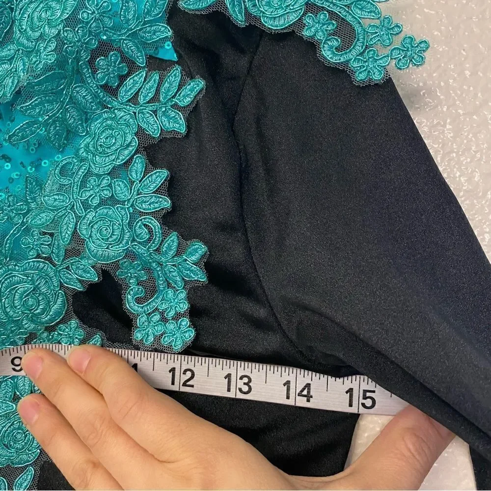 WEISSMAN Dance Costume biketard aqua lace appliqué Hallowed Ground 11084 MA